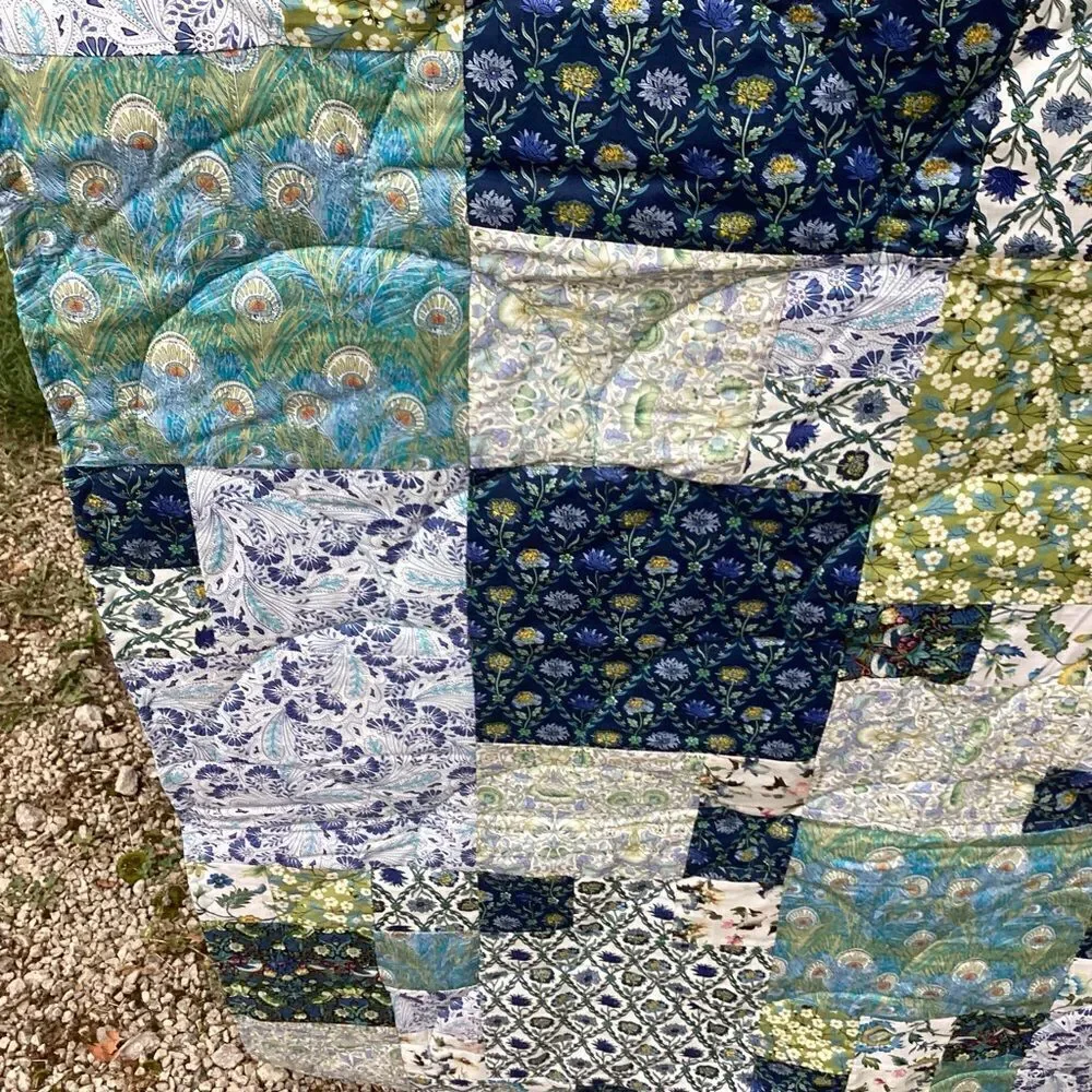 NWT. Hand Crafted Blues and Greens Gardens Quilt with Liberty Lawn Fabrics